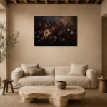 Black Burgundy Horizontal Garden Dark Floral Wall Art Canvas Print presented in a sophisticated home setting