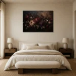 Black Burgundy Horizontal Garden Dark Floral Wall Art Canvas Print showcased in an elegant minimalist interior