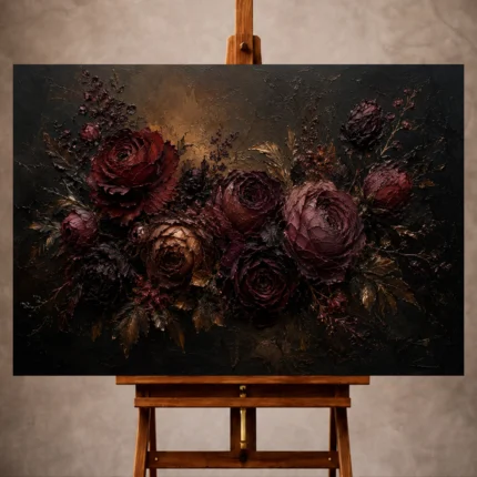 Black burgundy mahogany Dark Floral Wall Art print for elegant interiors. No text or watermarks in design.