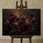 Black Burgundy Mahogany Dark Floral Wall Art Canvas Print displayed on a studio easel
