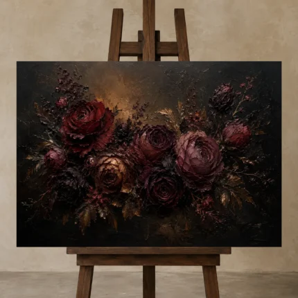 Black Burgundy Mahogany Dark Floral Wall Art Canvas Print shown in Studio Easel