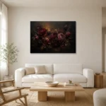 Black Burgundy Mahogany Dark Floral Wall Art Canvas Print styled in a refined neutral interior