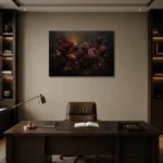 Black Burgundy Mahogany Dark Floral Wall Art Canvas Print displayed in a contemporary gallery-inspired room