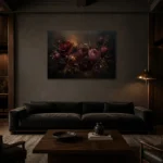Black Burgundy Mahogany Dark Floral Wall Art Canvas Print shown in a warm modern interior