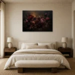 Black Burgundy Mahogany Dark Floral Wall Art Canvas Print showcased in an elegant minimalist interior
