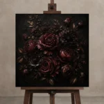 Black Burgundy Chiaroscuro Dark Floral Wall Art Canvas Print displayed on a studio easel