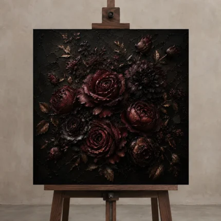 Black Burgundy Chiaroscuro Dark Floral Wall Art Canvas Print shown in Studio Easel