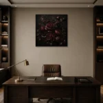 Black Burgundy Chiaroscuro Dark Floral Wall Art Canvas Print displayed in a contemporary gallery-inspired room