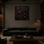 Black Burgundy Chiaroscuro Dark Floral Wall Art Canvas Print shown in a warm modern interior