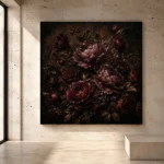 Umber black romantic Dark Floral Wall Art print for elegant interiors. No text or watermarks in design.