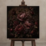 Umber Black Peony Dark Floral Wall Art Canvas Print displayed on a studio easel