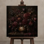 Black Tulip Burgundy Old-World Dark Floral Wall Art Canvas Print displayed on a studio easel