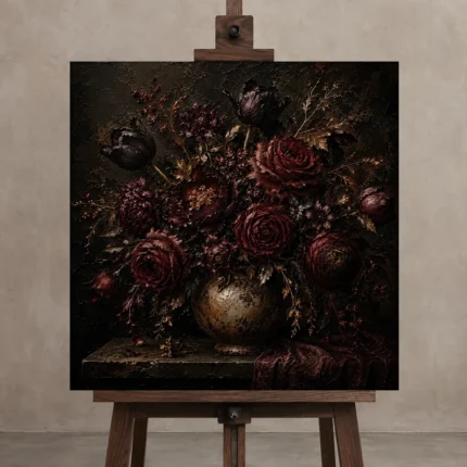Black Tulip Burgundy Old-World Dark Floral Wall Art Canvas Print shown in Studio Easel