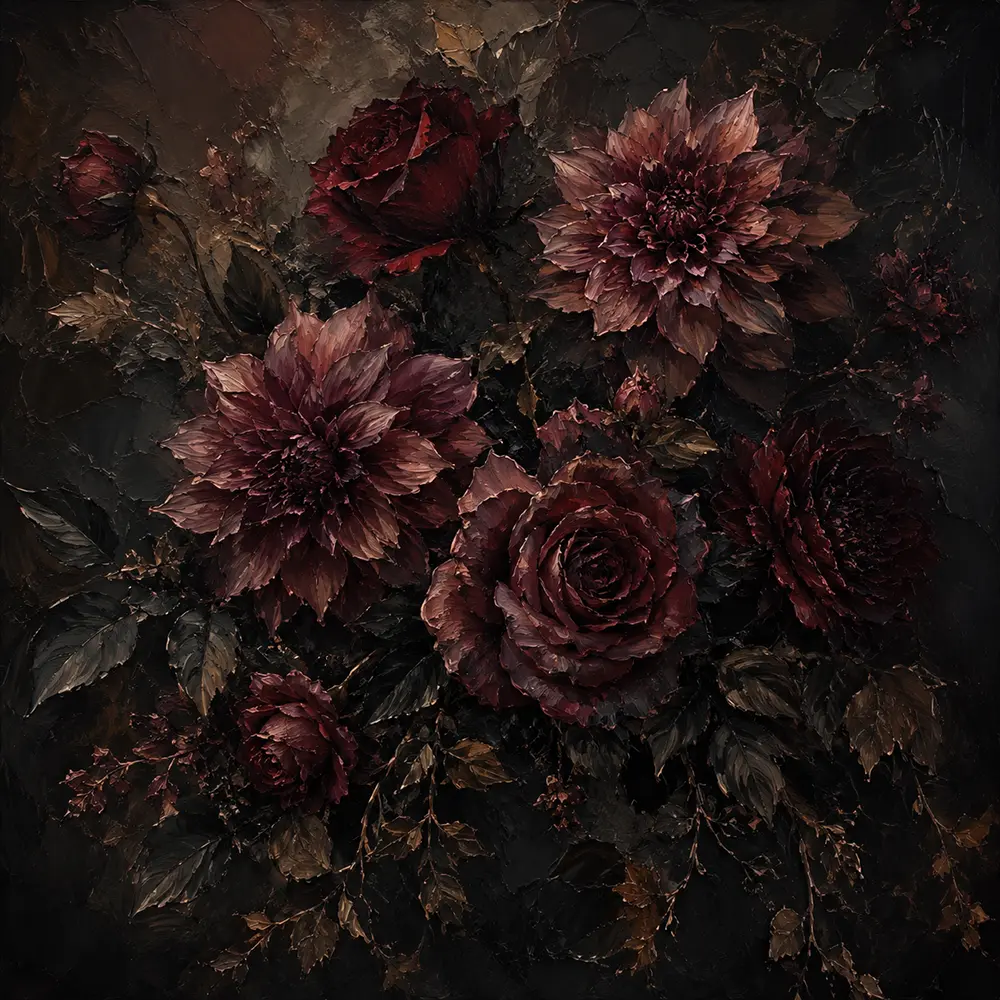 Black Burgundy Garden Dark Floral Wall Art Canvas Print