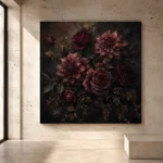 Black burgundy poetic Dark Floral Wall Art print for elegant interiors. No text or watermarks in design.