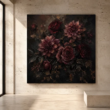Black burgundy poetic Dark Floral Wall Art print for elegant interiors. No text or watermarks in design.