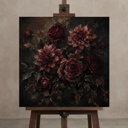 Black Burgundy Garden Dark Floral Wall Art Canvas Print shown in Studio Easel