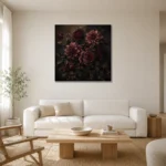 Black Burgundy Garden Dark Floral Wall Art Canvas Print styled in a refined neutral interior
