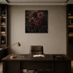 Black Burgundy Garden Dark Floral Wall Art Canvas Print displayed in a contemporary gallery-inspired room