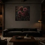 Black Burgundy Garden Dark Floral Wall Art Canvas Print shown in a warm modern interior