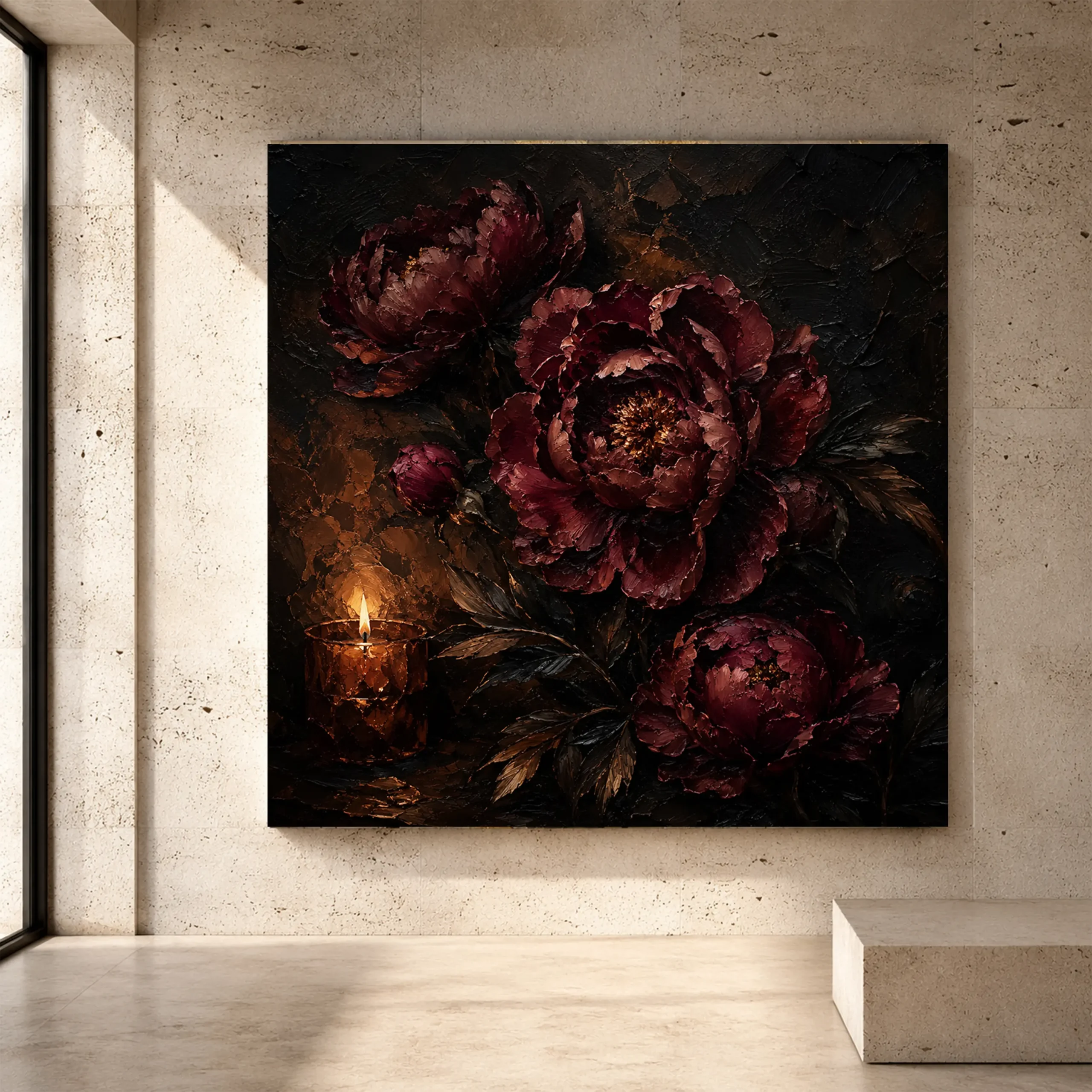 Premium Wall Art Kare Html Edition – FLOWERWA080 Image 1 Candlelit burgundy dark romantic Dark Floral Wall Art print for elegant interiors. No text or watermarks in design.