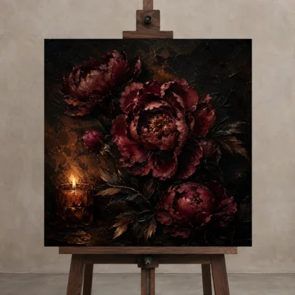 Candlelit Burgundy Dark Floral Wall Art Canvas Print shown in Studio Easel