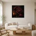 Candlelit Burgundy Dark Floral Wall Art Canvas Print styled in a refined neutral interior