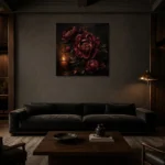 Candlelit Burgundy Dark Floral Wall Art Canvas Print shown in a warm modern interior