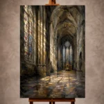 Stone, Charcoal & Muted Gold Gothic Cathedral Wall Art print for elegant interiors. No text or watermarks in design.