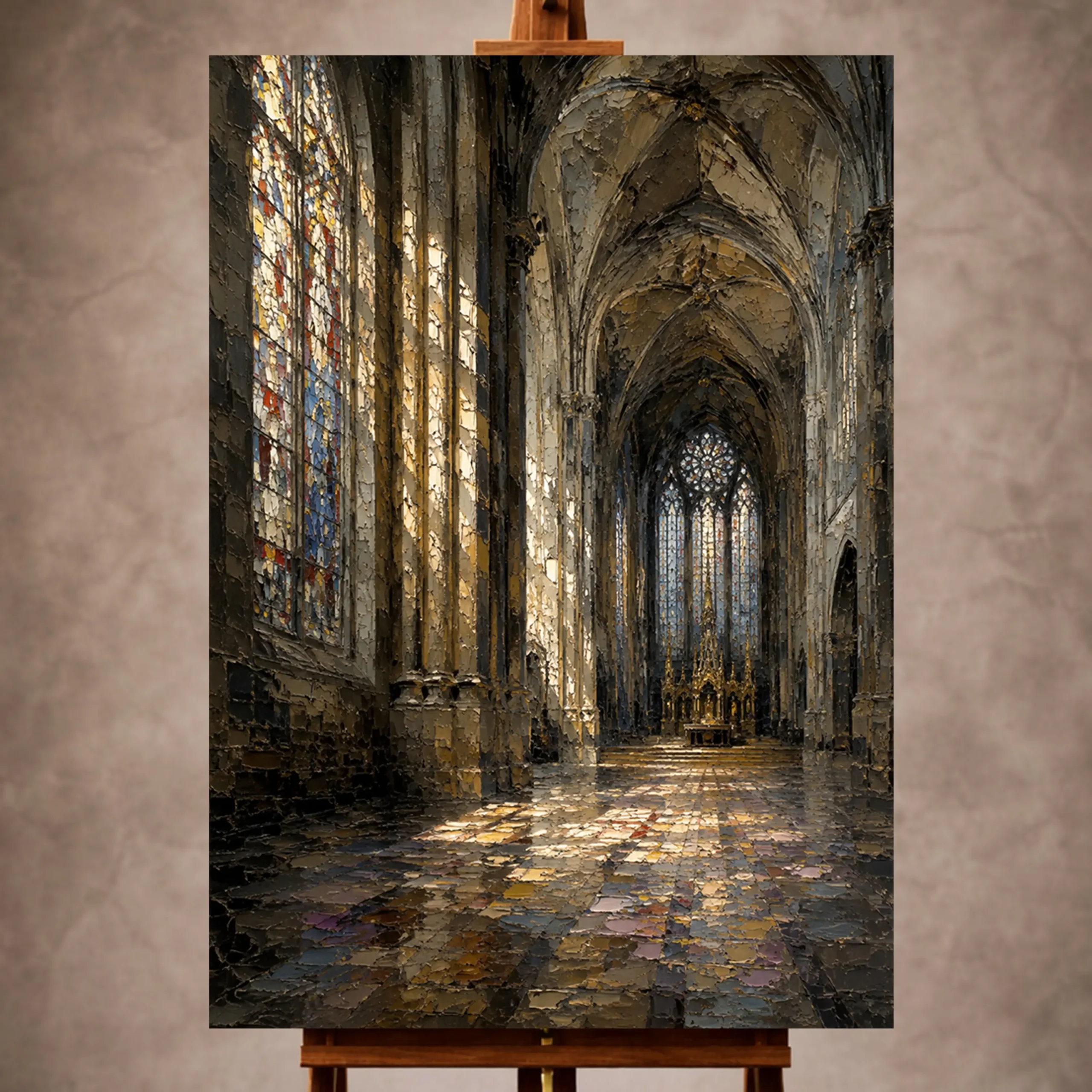 Premium Wall Art Dikey Html Edition – GOTICWALL006 Image 1 Stone, Charcoal & Muted Gold Gothic Cathedral Wall Art print for elegant interiors. No text or watermarks in design.