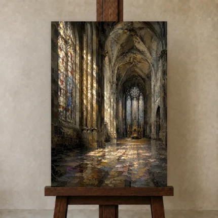 Stone & Muted Gold Gothic Cathedral Wall Art Canvas Print shown in Studio Easel