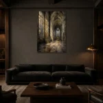 Stone & Muted Gold Gothic Cathedral Wall Art Canvas Print shown in a warm modern interior