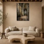 Stone & Muted Gold Gothic Cathedral Wall Art Canvas Print presented in a sophisticated home setting