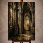 Charcoal, Weathered Stone & Muted Gold Gothic Cathedral Wall Art print for elegant interiors. No text or watermarks in design.