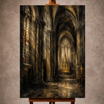 Charcoal, Weathered Stone & Muted Gold Gothic Cathedral Wall Art print for elegant interiors. No text or watermarks in design.
