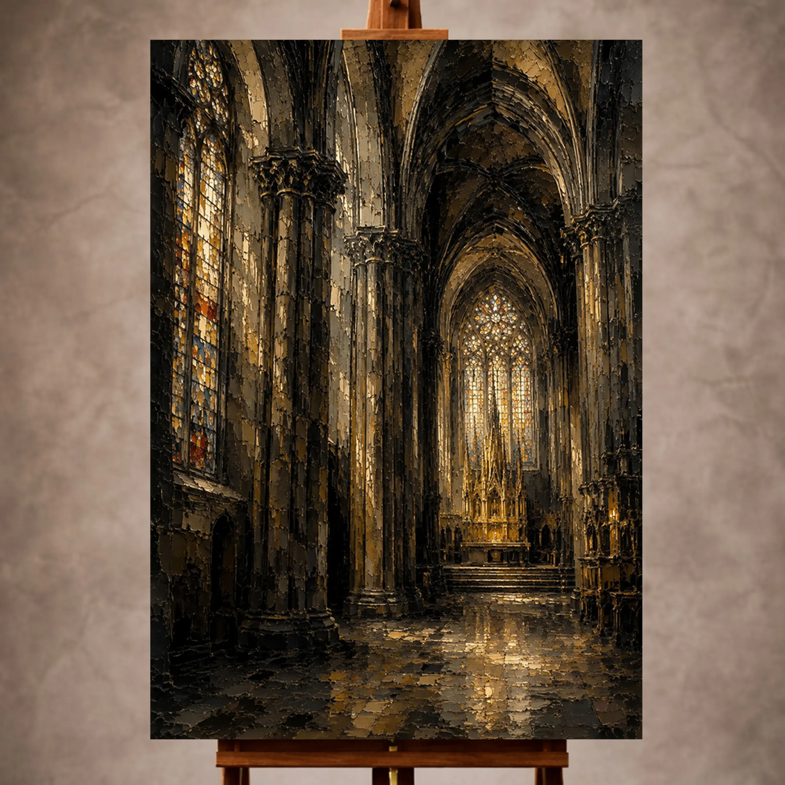 Premium Wall Art Dikey Html Edition – GOTICWALL007 Image 1 Charcoal, Weathered Stone & Muted Gold Gothic Cathedral Wall Art print for elegant interiors. No text or watermarks in design.