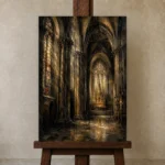 Charcoal & Muted Gold Gothic Cathedral Wall Art Canvas Print displayed on a studio easel