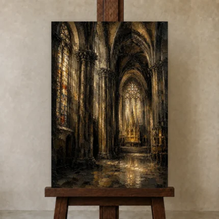 Charcoal & Muted Gold Gothic Cathedral Wall Art Canvas Print shown in Studio Easel