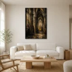 Charcoal & Muted Gold Gothic Cathedral Wall Art Canvas Print styled in a refined neutral interior