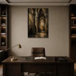 Charcoal & Muted Gold Gothic Cathedral Wall Art Canvas Print displayed in a contemporary gallery-inspired room