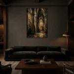 Charcoal & Muted Gold Gothic Cathedral Wall Art Canvas Print shown in a warm modern interior