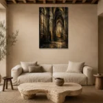 Charcoal & Muted Gold Gothic Cathedral Wall Art Canvas Print presented in a sophisticated home setting
