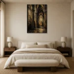 Charcoal & Muted Gold Gothic Cathedral Wall Art Canvas Print showcased in an elegant minimalist interior