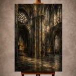 Stone Gray, Charcoal & Muted Gold Gothic Cathedral Wall Art print for elegant interiors. No text or watermarks in design.