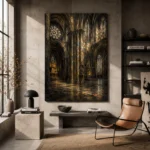Stone Gray & Muted Gold Gothic Cathedral Wall Art Canvas Print - Image 3