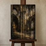 Stone Gray & Muted Gold Gothic Cathedral Wall Art Canvas Print displayed on a studio easel