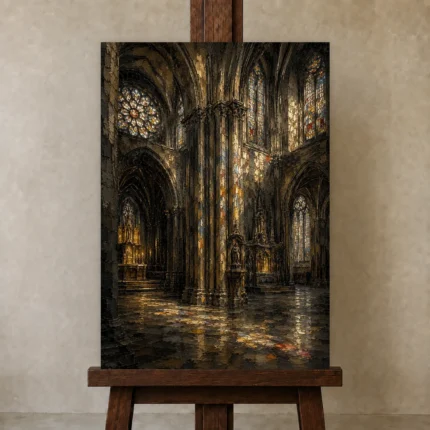 Stone Gray & Muted Gold Gothic Cathedral Wall Art Canvas Print shown in Studio Easel