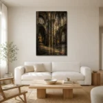 Stone Gray & Muted Gold Gothic Cathedral Wall Art Canvas Print styled in a refined neutral interior