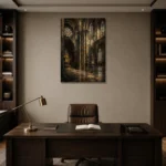 Stone Gray & Muted Gold Gothic Cathedral Wall Art Canvas Print displayed in a contemporary gallery-inspired room