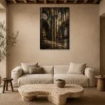 Stone Gray & Muted Gold Gothic Cathedral Wall Art Canvas Print presented in a sophisticated home setting